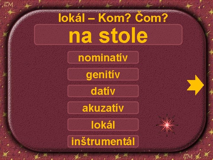 lokál – Kom? Čom? na stole nominatív genitív datív akuzatív lokál inštrumentál 