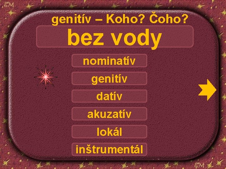 genitív – Koho? Čoho? bez vody nominatív genitív datív akuzatív lokál inštrumentál 