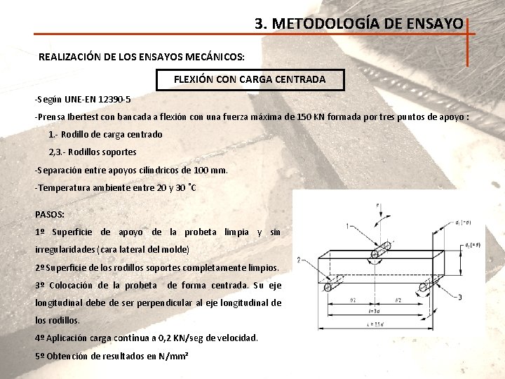 3. METODOLOGÍA DE ENSAYO REALIZACIÓN DE LOS ENSAYOS MECÁNICOS: FLEXIÓN CON CARGA CENTRADA -Según