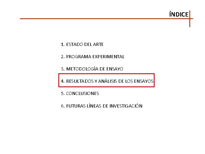 ÍNDICE 1. ESTADO DEL ARTE 2. PROGRAMA EXPERIMENTAL 3. METODOLOGÍA DE ENSAYO 4. RESULTADOS