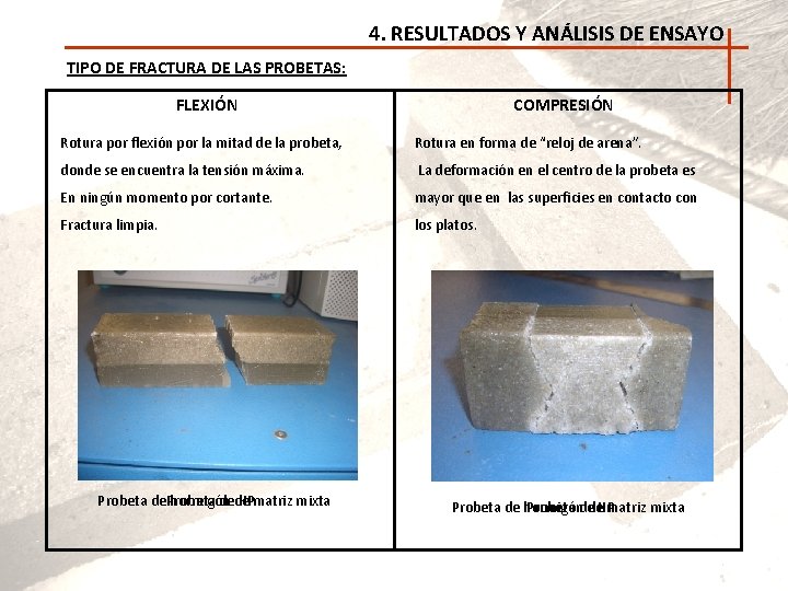 4. RESULTADOS Y ANÁLISIS DE ENSAYO TIPO DE FRACTURA DE LAS PROBETAS: FLEXIÓN COMPRESIÓN