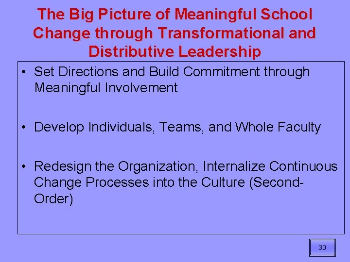 The Big Picture of Meaningful School Change through Transformational and Distributive Leadership • Set