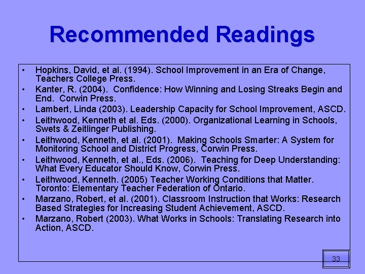 Recommended Readings • • • Hopkins, David, et al. (1994). School Improvement in an