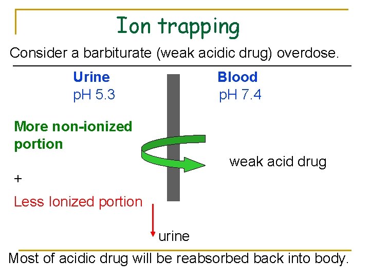 Ion trapping Consider a barbiturate (weak acidic drug) overdose. Urine p. H 5. 3