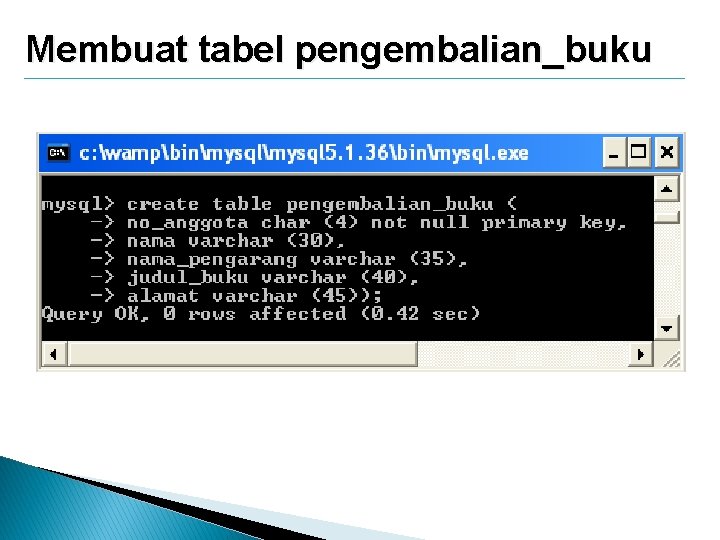 Membuat tabel pengembalian_buku Membuat tabel pengembalian_buku