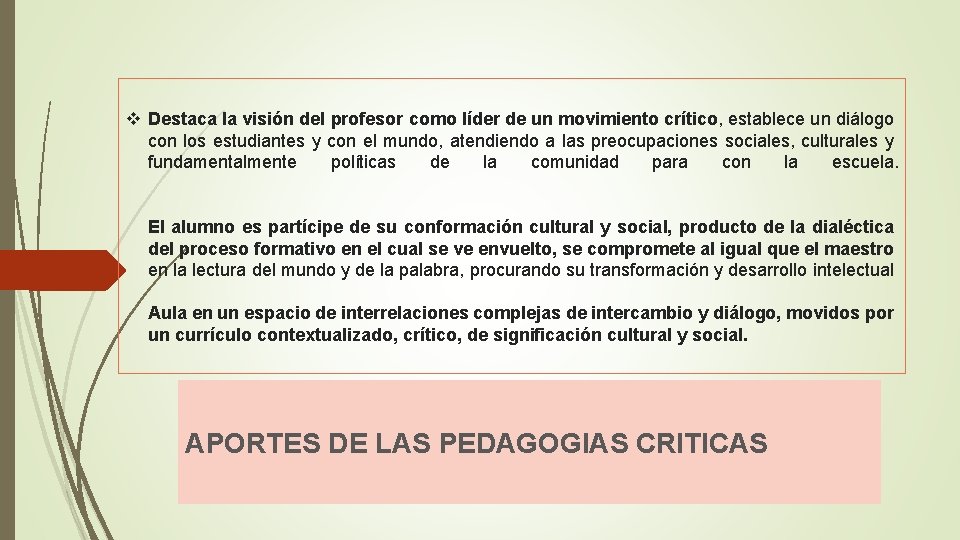 v Destaca la visión del profesor como líder de un movimiento crítico, establece un