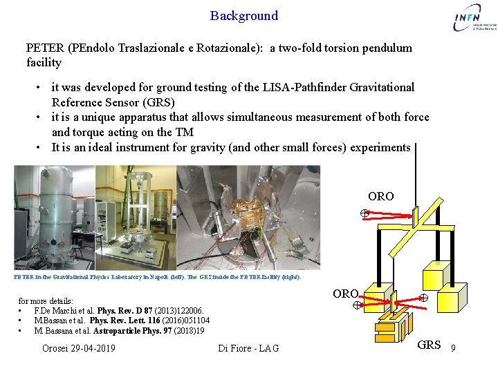 Background PETER (PEndolo Traslazionale e Rotazionale): a two-fold torsion pendulum facility • it was