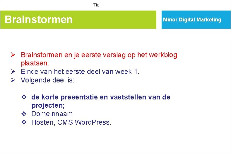 Tio Brainstormen Minor Digital Marketing Ø Brainstormen en je eerste verslag op het werkblog