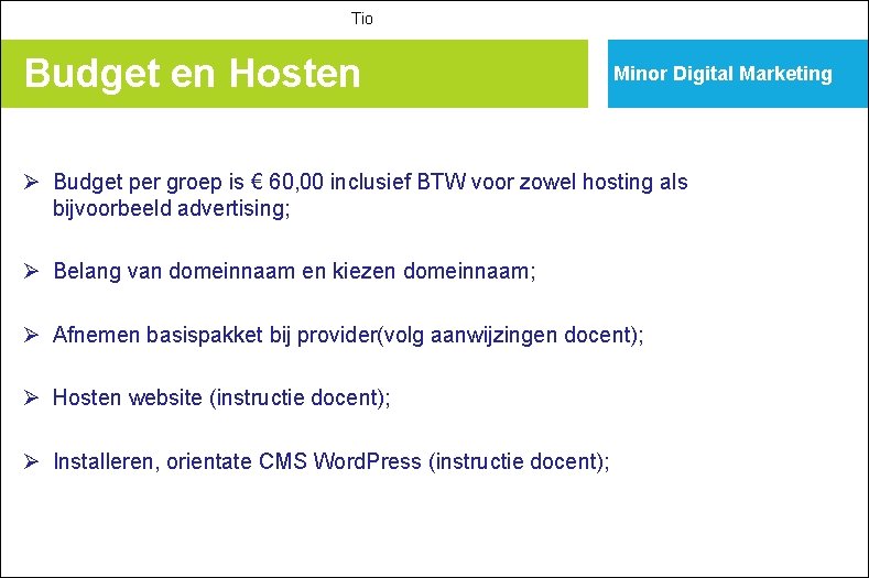 Tio Budget en Hosten Minor Digital Marketing Ø Budget per groep is € 60,