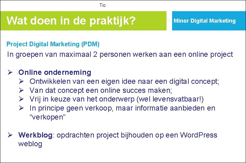 Tio Wat doen in de praktijk? Minor Digital Marketing Project Digital Marketing (PDM) In