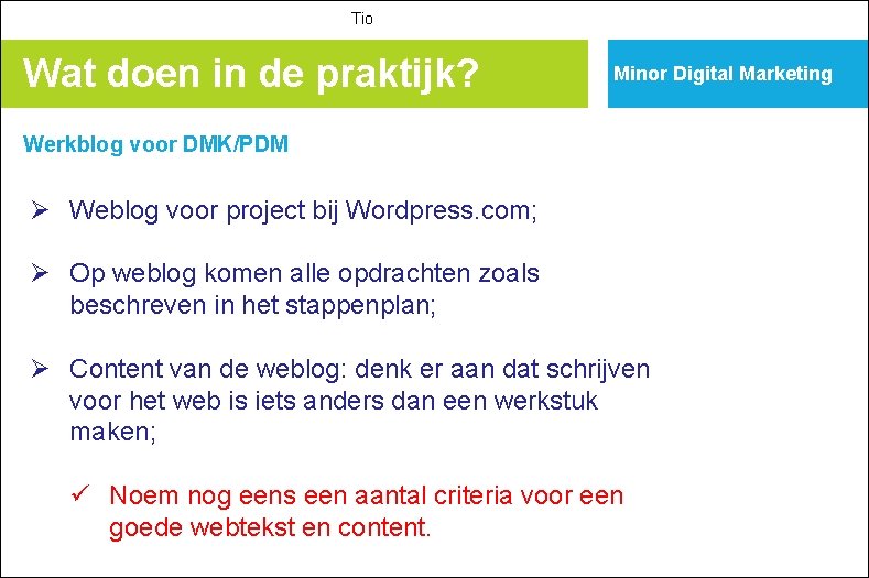 Tio Wat doen in de praktijk? Minor Digital Marketing Werkblog voor DMK/PDM Ø Weblog