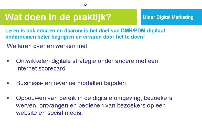 Tio Wat doen in de praktijk? Minor Digital Marketing Leren is ook ervaren en