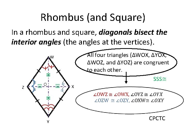 Rhombus (and Square) In a rhombus and square, diagonals bisect the interior angles (the