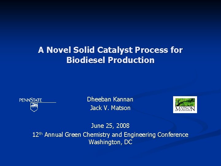 A Novel Solid Catalyst Process for Biodiesel Production Dheeban Kannan Jack V. Matson June