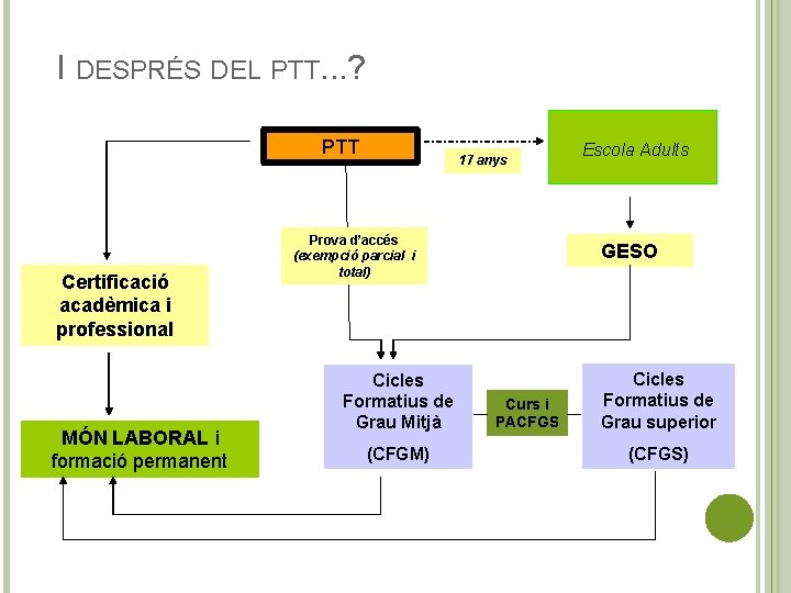 I DESPRÉS DEL PTT. . . ? PTT Certificació acadèmica i professional MÓN LABORAL