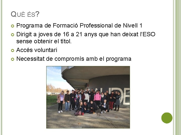 QUÈ ÉS? Programa de Formació Professional de Nivell 1 Dirigit a joves de 16