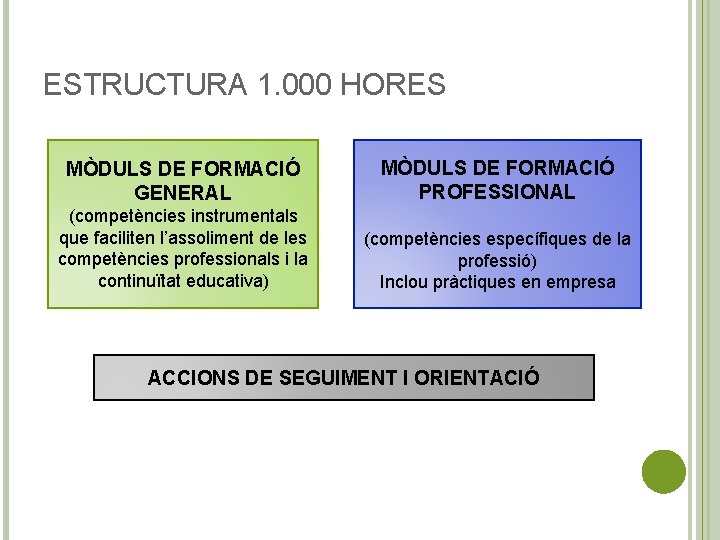 ESTRUCTURA 1. 000 HORES MÒDULS DE FORMACIÓ GENERAL MÒDULS DE FORMACIÓ PROFESSIONAL (competències instrumentals