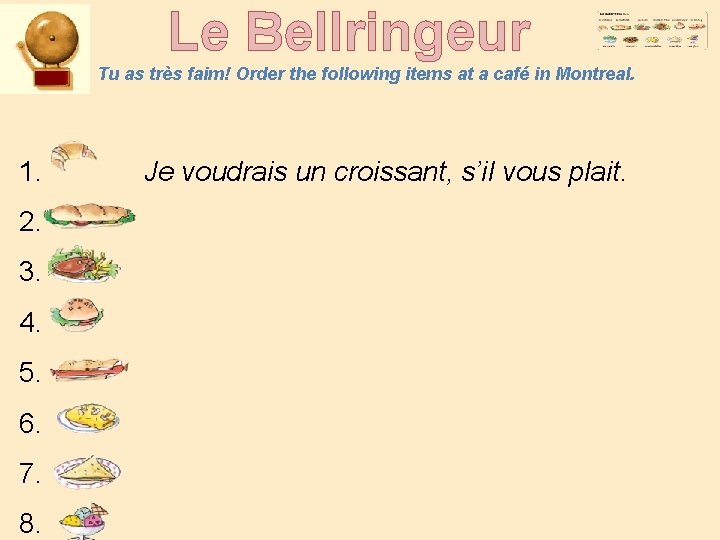 Le Bellringeur Tu as très faim! Order the following items at a café in