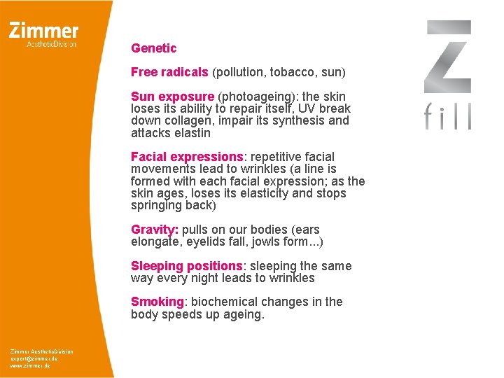 Genetic Free radicals (pollution, tobacco, sun) Sun exposure (photoageing): the skin loses its ability