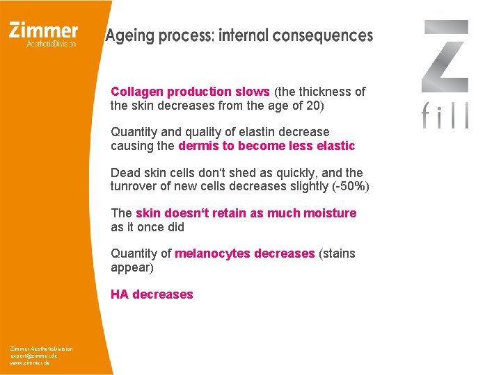 Collagen production slows (the thickness of the skin decreases from the age of 20)