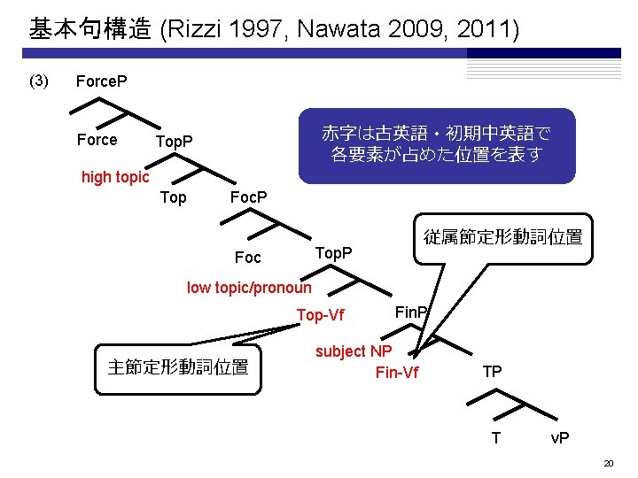 基本句構造 (Rizzi 1997, Nawata 2009, 2011) (3) Force. P Force 赤字は古英語・初期中英語で 各要素が占めた位置を表す Top. P