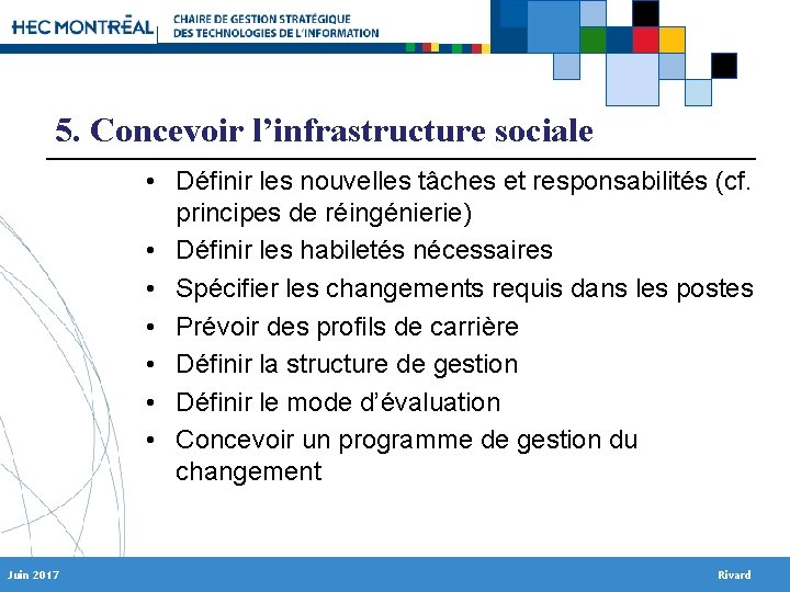 5. Concevoir l’infrastructure sociale • Définir les nouvelles tâches et responsabilités (cf. principes de