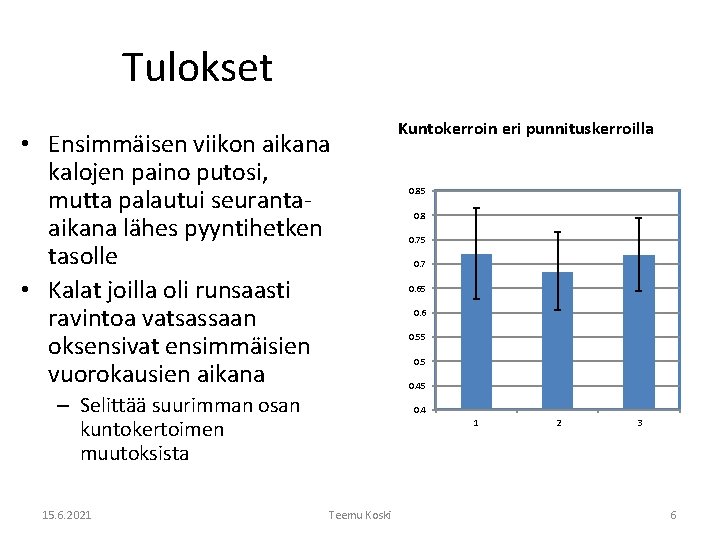 Tulokset • Ensimmäisen viikon aikana kalojen paino putosi, mutta palautui seurantaaikana lähes pyyntihetken tasolle