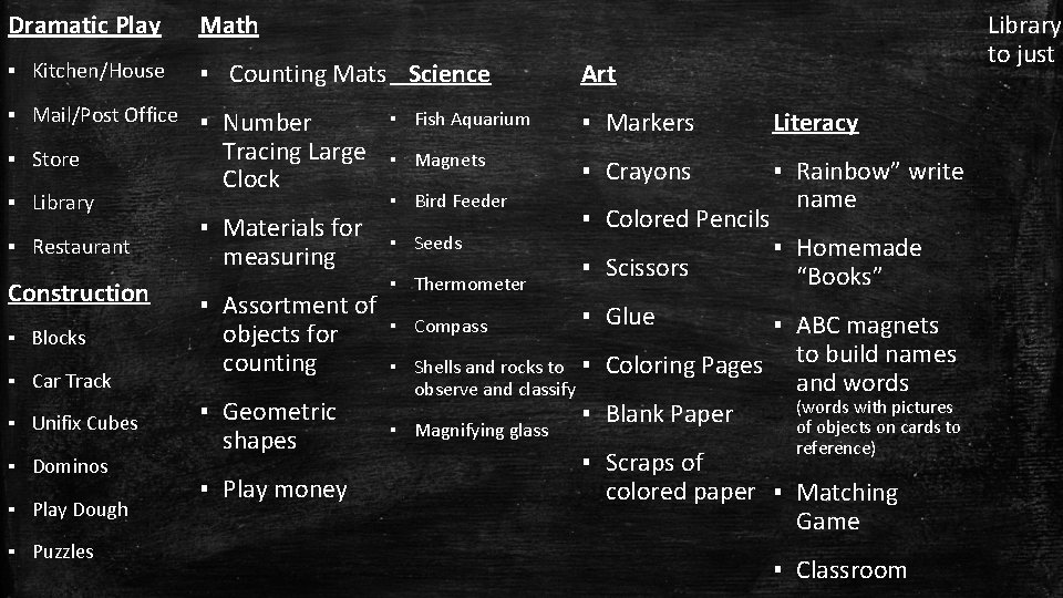 Dramatic Play Math ▪ Kitchen/House ▪ Counting Mats Science Library to just “ Art