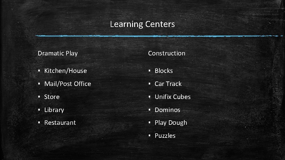 Learning Centers Dramatic Play Construction ▪ Kitchen/House ▪ Blocks ▪ Mail/Post Office ▪ Car