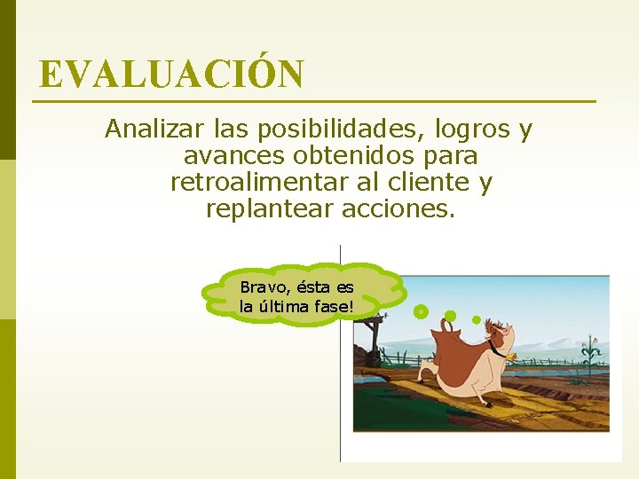 EVALUACIÓN Analizar las posibilidades, logros y avances obtenidos para retroalimentar al cliente y replantear