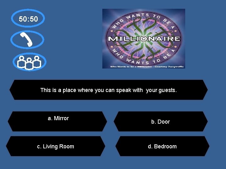 50: 50 This is a place where you can speak with your guests. a.