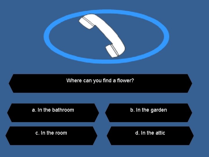 Where can you find a flower? a. In the bathroom c. In the room