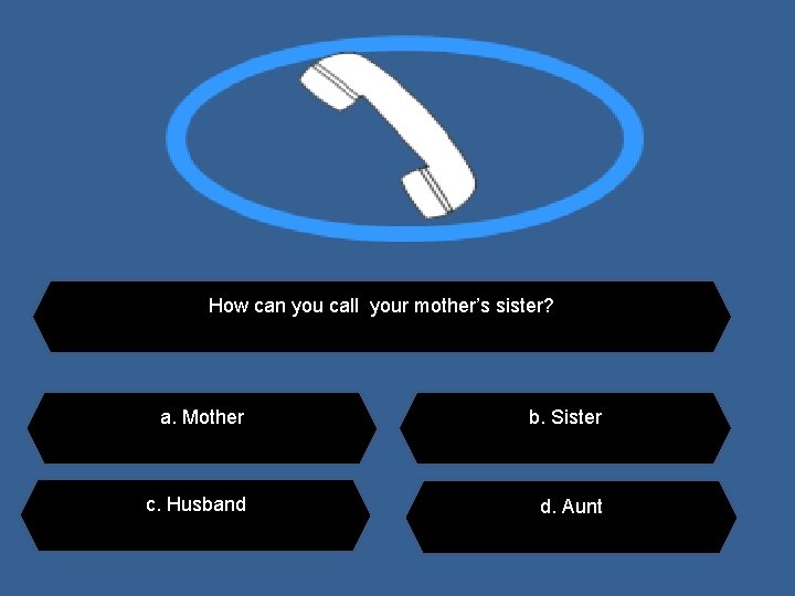 How can you call your mother’s sister? a. Mother b. Sister c. Husband d.