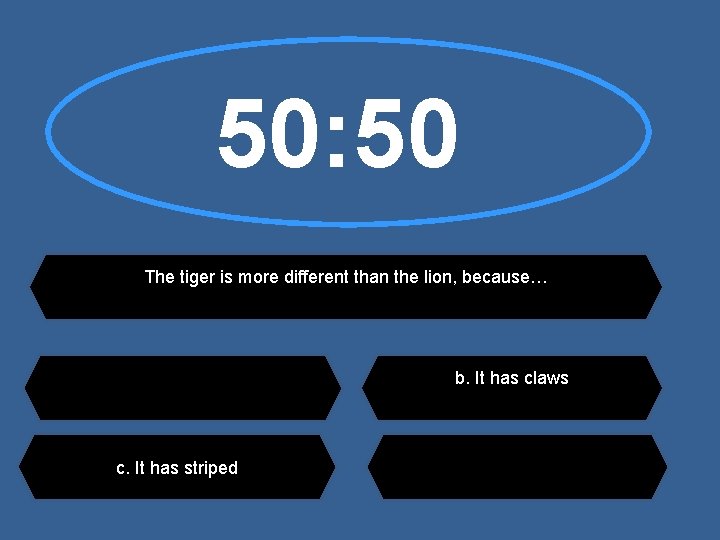50: 50 The tiger is more different than the lion, because… b. It has