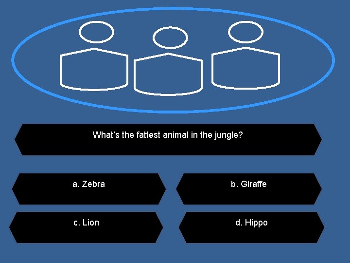 What’s the fattest animal in the jungle? a. Zebra c. Lion b. Giraffe d.