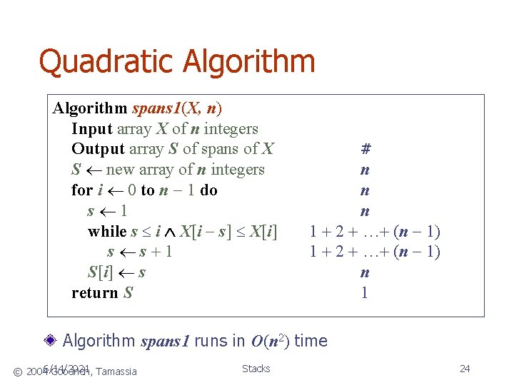 Quadratic Algorithm spans 1(X, n) Input array X of n integers Output array S