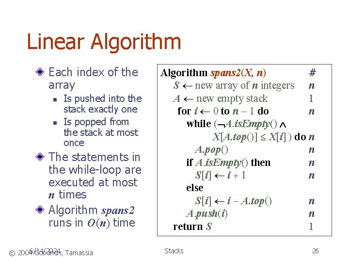 Linear Algorithm Each index of the array n n Is pushed into the stack