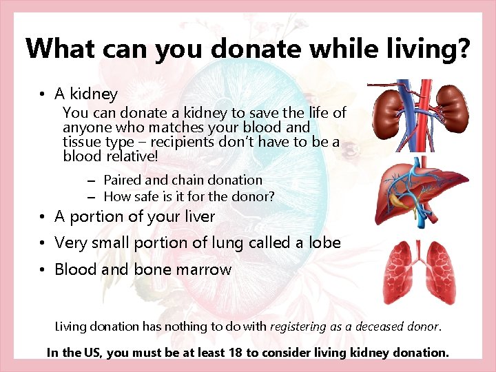 What can you donate while living? • A kidney You can donate a kidney