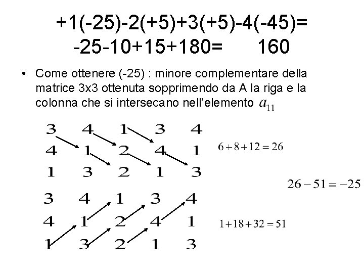 +1(-25)-2(+5)+3(+5)-4(-45)= -25 -10+15+180= 160 • Come ottenere (-25) : minore complementare della matrice 3