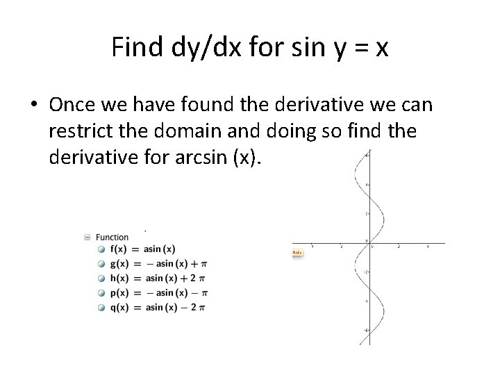 Find dy/dx for sin y = x • Once we have found the derivative