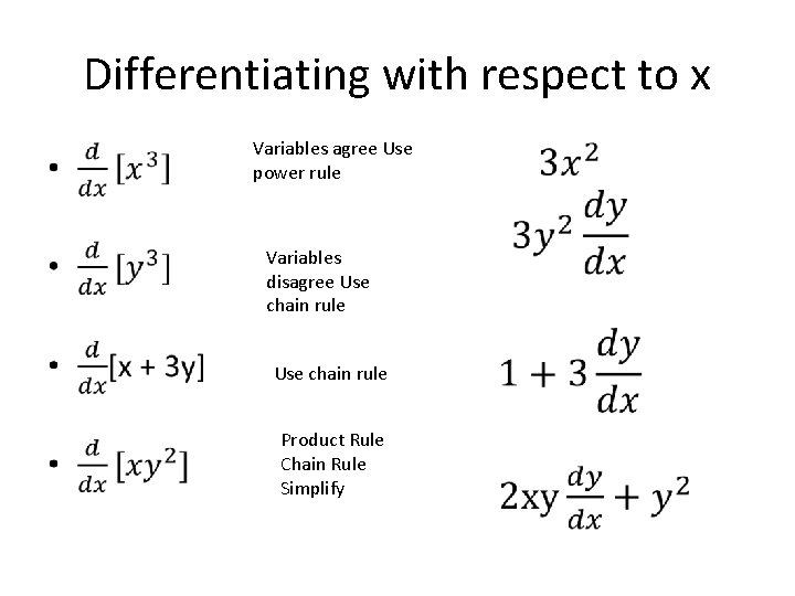 Differentiating with respect to x • Variables agree Use power rule Variables disagree Use