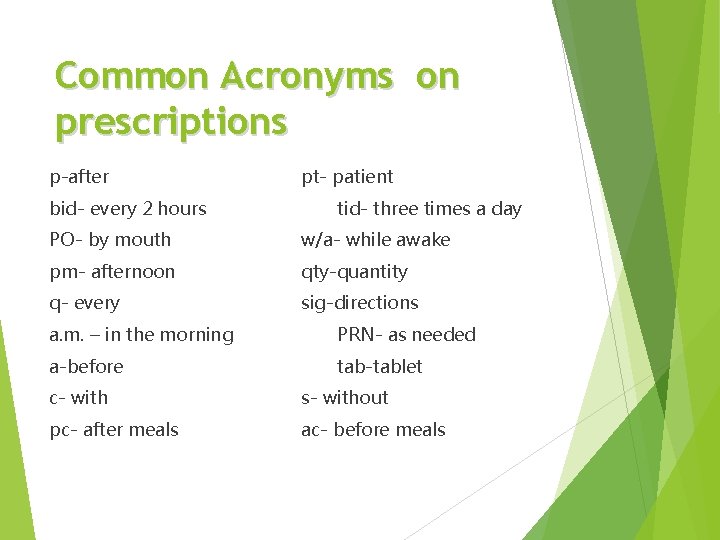Common Acronyms on prescriptions p-after bid- every 2 hours pt- patient tid- three times