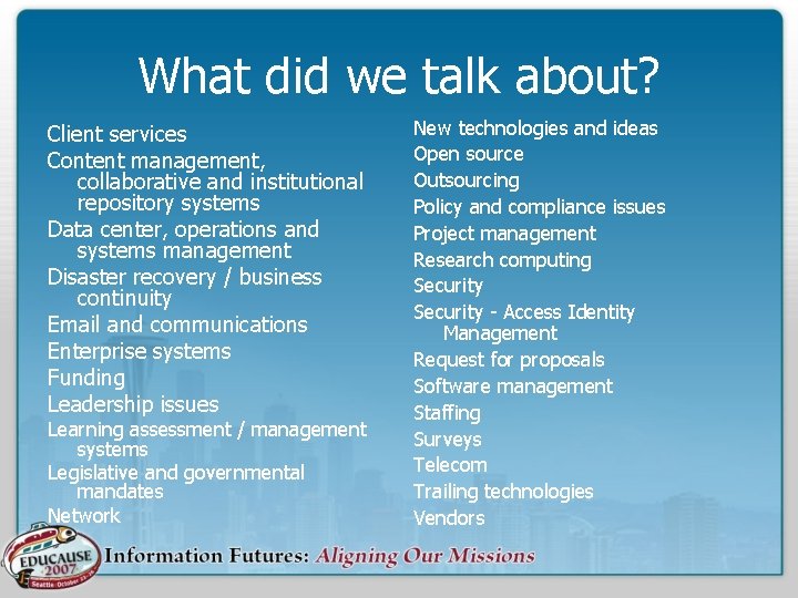 What did we talk about? Client services Content management, collaborative and institutional repository systems