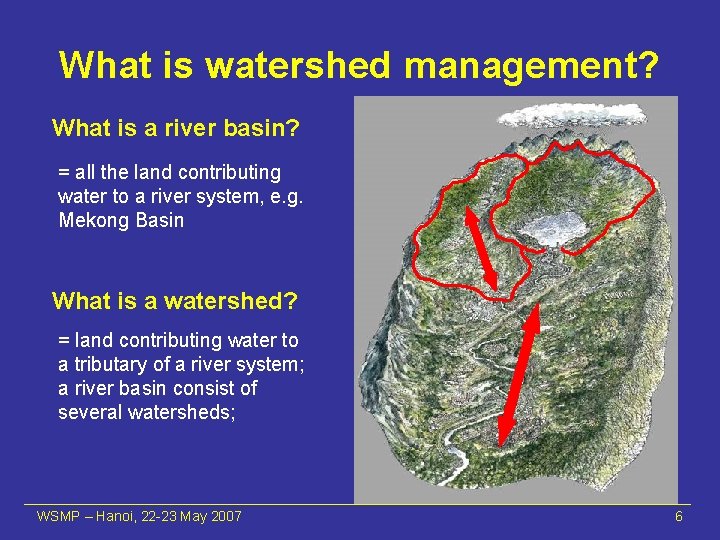 What is watershed management? What is a river basin? = all the land contributing
