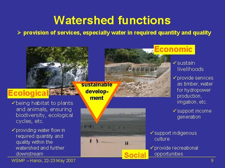 Watershed functions Ø provision of services, especially water in required quantity and quality Economic