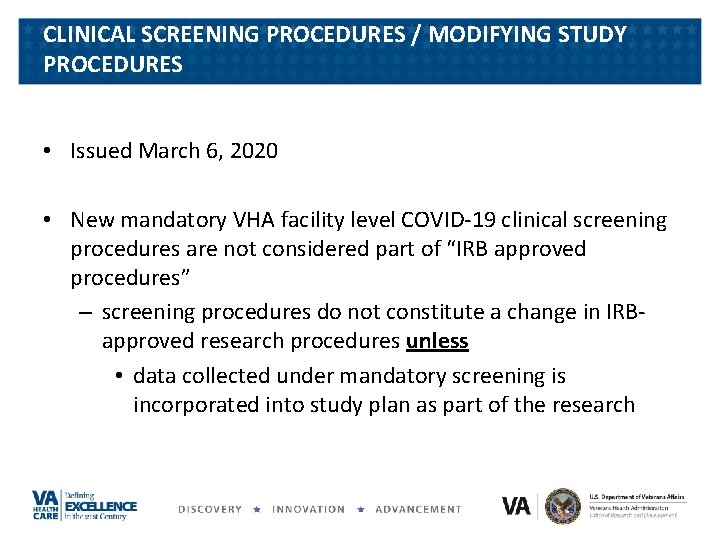 CLINICAL SCREENING PROCEDURES / MODIFYING STUDY PROCEDURES • Issued March 6, 2020 • New CLINICAL SCREENING PROCEDURES / MODIFYING STUDY PROCEDURES • Issued March 6, 2020 • New