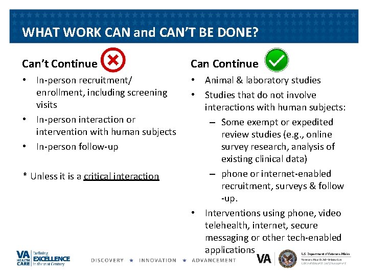 WHAT WORK CAN and CAN’T BE DONE? Can’t Continue Can Continue • In-person recruitment/ WHAT WORK CAN and CAN’T BE DONE? Can’t Continue Can Continue • In-person recruitment/