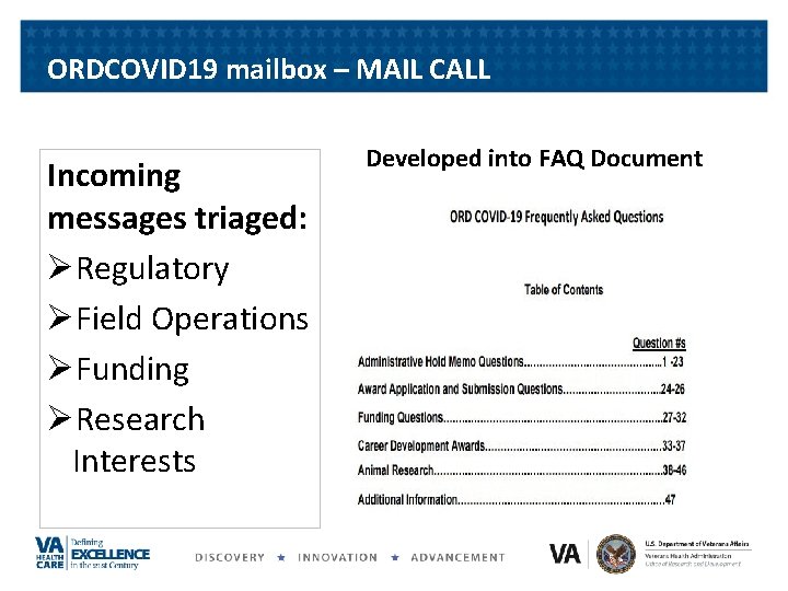 ORDCOVID 19 mailbox – MAIL CALL Incoming messages triaged: ØRegulatory ØField Operations ØFunding ØResearch ORDCOVID 19 mailbox – MAIL CALL Incoming messages triaged: ØRegulatory ØField Operations ØFunding ØResearch
