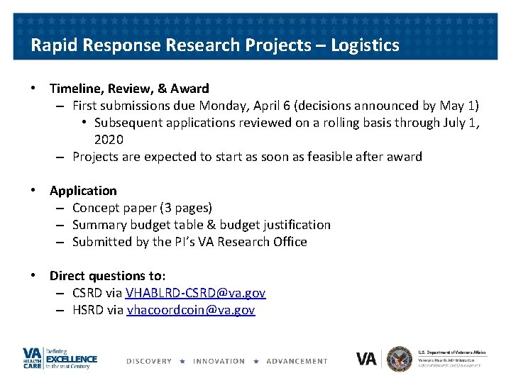 Rapid Response Research Projects – Logistics • Timeline, Review, & Award – First submissions Rapid Response Research Projects – Logistics • Timeline, Review, & Award – First submissions