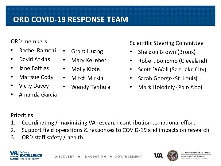 ORD COVID-19 RESPONSE TEAM ORD members • Rachel Ramoni • David Atkins • Jane ORD COVID-19 RESPONSE TEAM ORD members • Rachel Ramoni • David Atkins • Jane